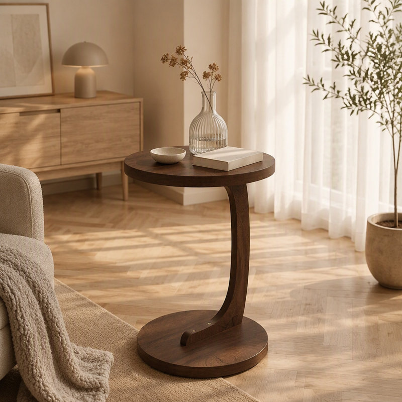 C-Shaped End Table with Walnut Wood Grain Finish
