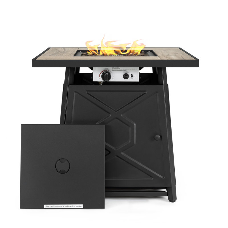 3-piece Outdoor Fire Pit Table Set, 28-inch 50,000 Btu Propane Gas Cabinet Fire Pit Table With Cover And 2 C-spring Motion PVC-coated polyester Chairs, Black With Gold Speckles And Brown Color