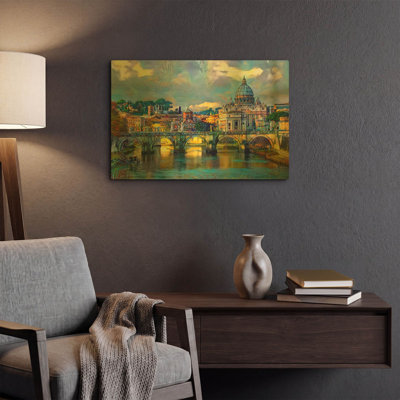 « Basilique Saint-Pierre et pont du Vatican de jour », par Pedro Gavidia. Tableau mural en métal doré, 61 x 41 cm.