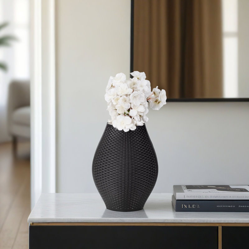 Modern Textured Ceramic Porcelain 3D Print Tall Vase for Coffee Table - Home Decor Table Styling Flower Vase for Kitchen Countertop - Black