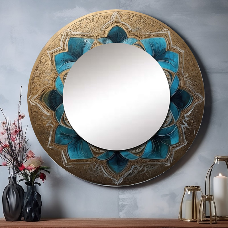 Peteris bleu et or Mandala III - miroir boho mandala, miroir mural rond bleu, 29 po x 29 po