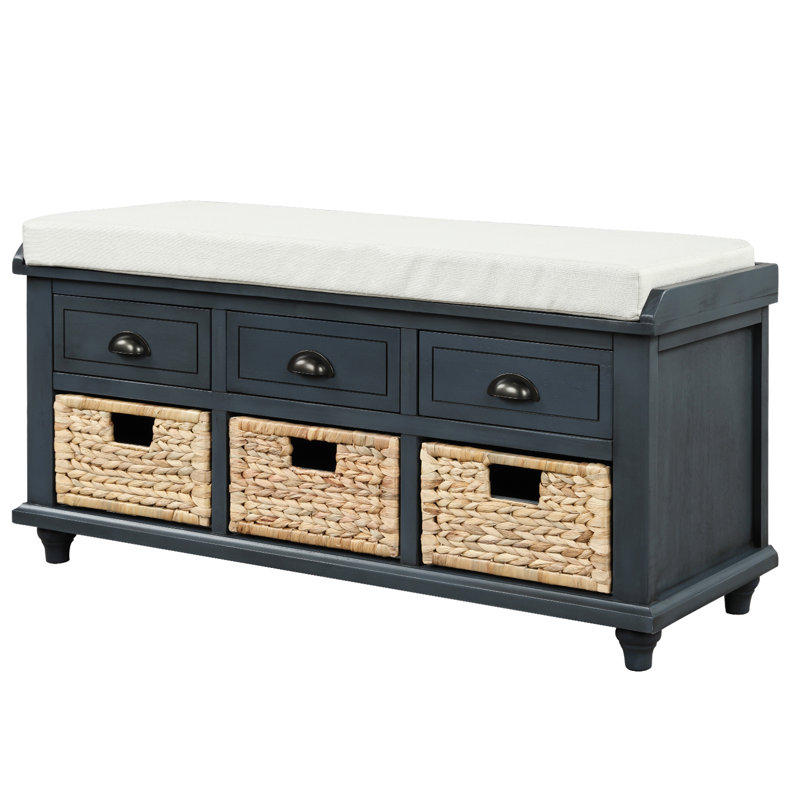 Fluker Rustic Storage Bench with 3 Drawers and 3 Rattan Baskets, Shoe Bench for Living Room, Entryway, Antique Navy