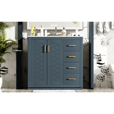Meuble-lavabo de 36 po, lavabo en céramique, structure en bois massif, glissières de tiroir, planches, rangement spacieux, style rétro, poignée en métal exquis, motif de rainure unique, glissade lisse, rangement polyvalent de 36 po