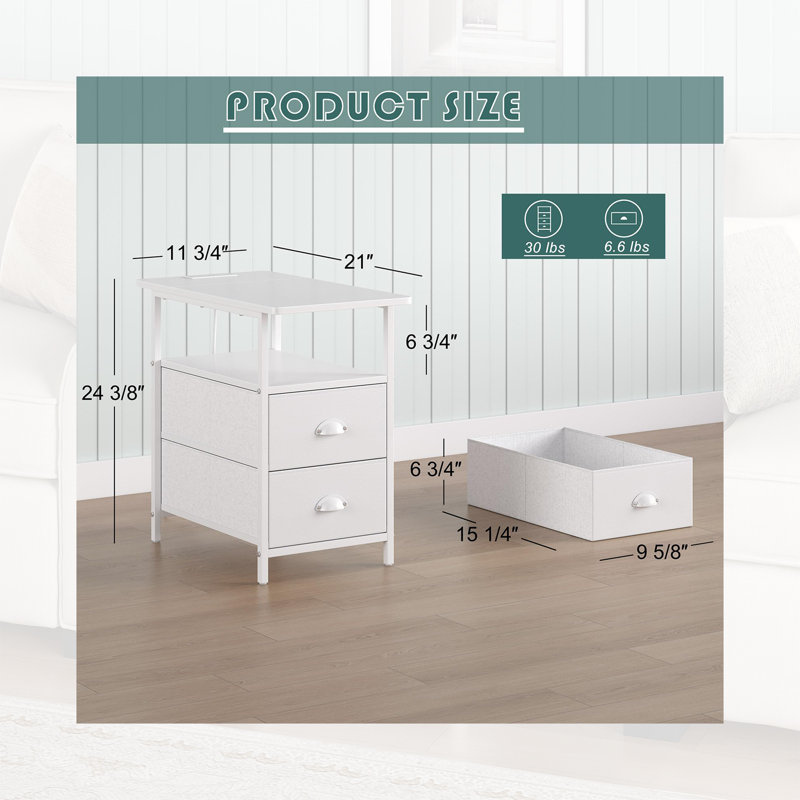 11.75" Narrow End Table With Charging Station - Slim Side Table With 2 Fabric Drawers & USB Ports - White Nightstand For Small Spaces