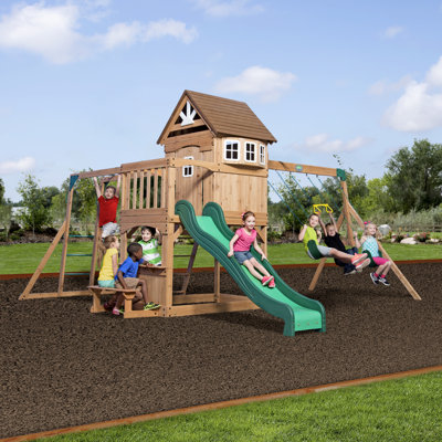 Backyard Discovery Montpelier Cedar Wood Swing Set with Wave Slide, Clubhouse, Monkey Bars, and Picnic Area