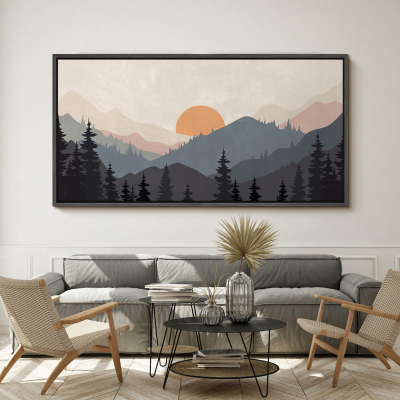 «Sun Mountain Landscape Serene Mountain Sunset Landscape with Pine Trees», reproduction d'art sur toile, H 30 po x l 60 po