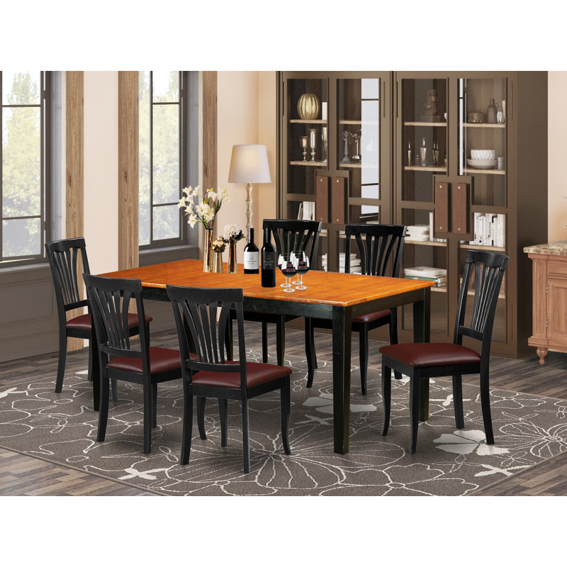 Ensemble de table de salle à manger 7 pièces moderne composé d'une table rectangulaire en bois avec feuille papillon et 6 chaises de salle à manger en similicuir, noir et cerise