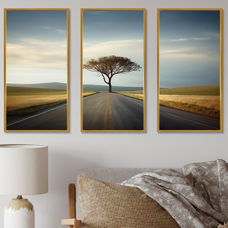 «Highway Photo Scenery On The Road» - ensemble de décoration murale route, Cadre flottant doré, H 32 po x l 48 po x P 1 po