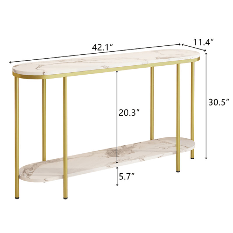Canapé à 2 niveaux avec plateau ovale en marbre blanc et cadre doré 42,1 po x 11,4 po x 30,5 po, White/Gold