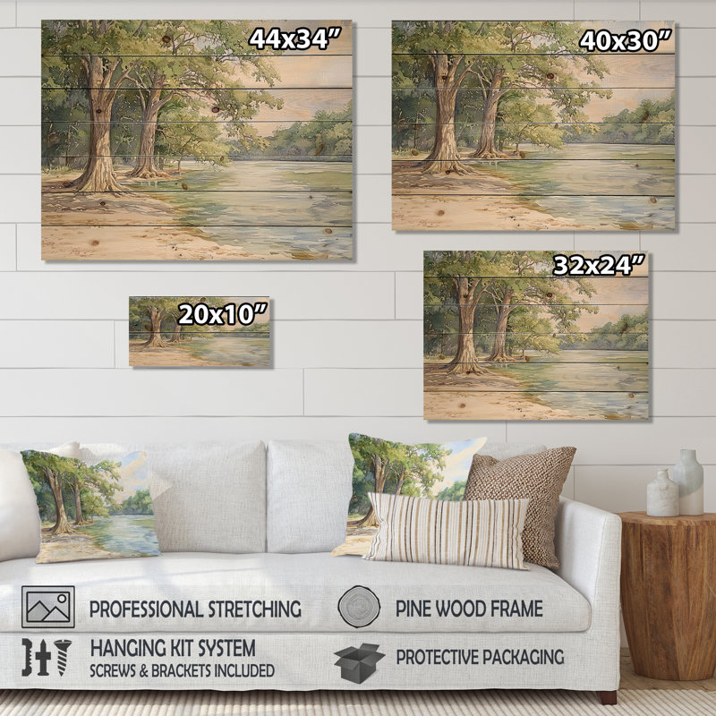 Brazos River In Texas II - paysage moderne, art mural en bois sur bois de pin naturel, H 10 po x l 20 po