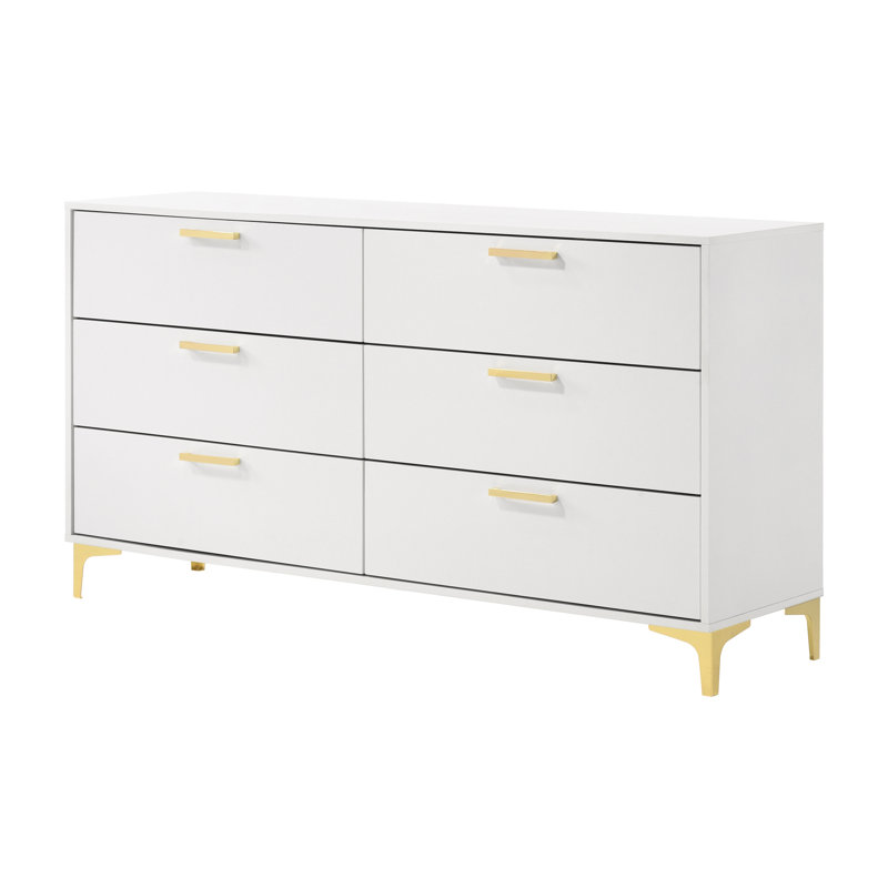 Commode double l 58,1 po à 6 tiroirs Kaomi, Blanc / Doré