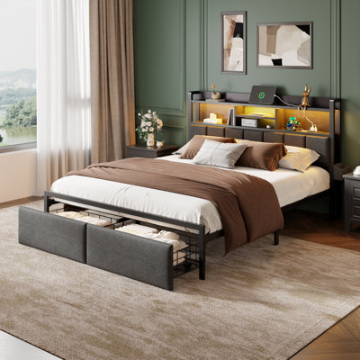 Queen Upholstered Storage Bed Frame with LED Lighting, USB Charging Station, Storage Headboard & 2 Underbed Drawers, Sturdy Metal Platform Bed No Box Spring Needed