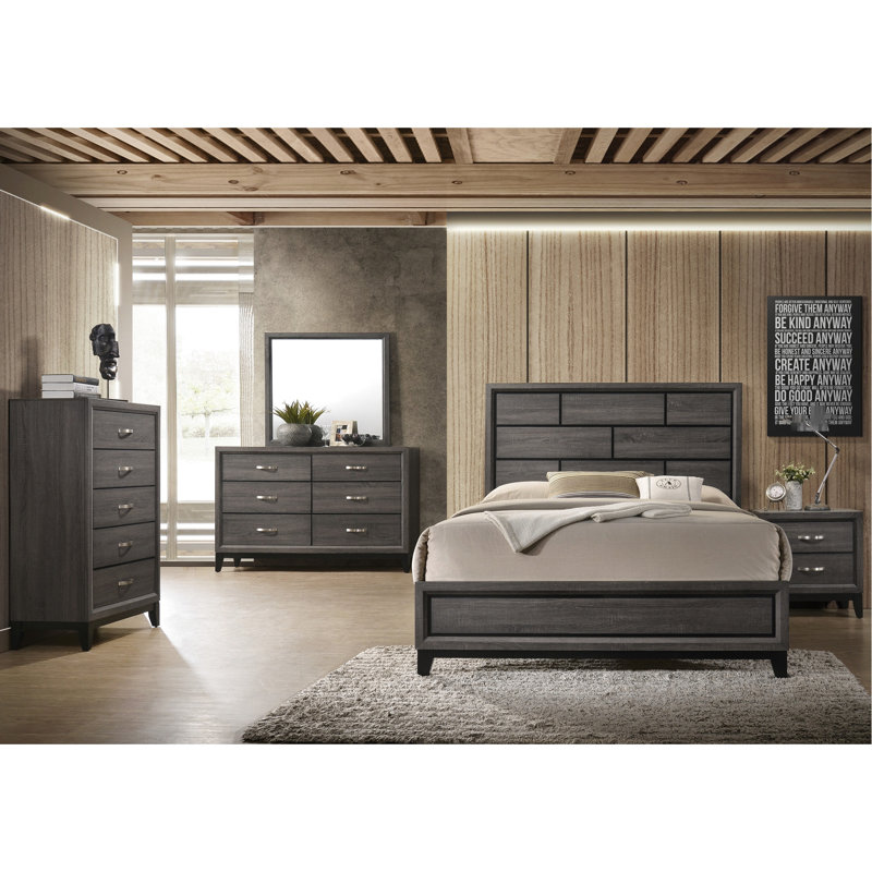 Grand lit moderne moderne gris avec motif de boîte et tête de lit en contreplaqué