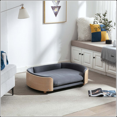 Scandinavian Elevated Dog Sofa Bed with Solid Wood Legs and Bentwood Back (Velvet, Large, Beige)