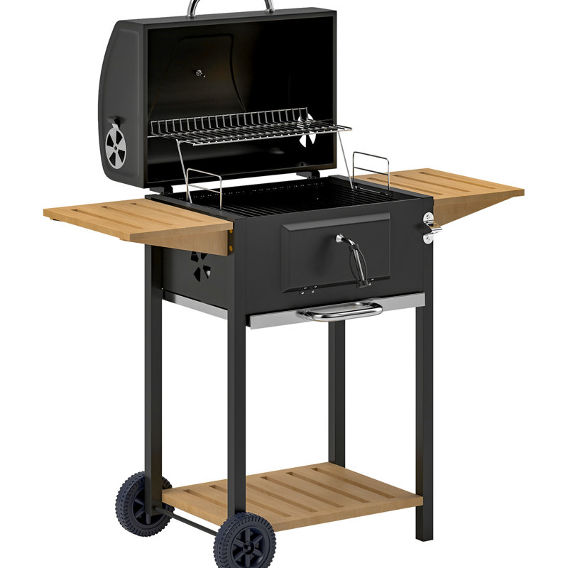 Barbecue au charbon noir de 245 pouces carrés avec support chauffant, plateau réglable en hauteur, thermomètre dans le couvercle, tablette latérale et inférieure, tiroir en bois de frêne, tiroir noir, support pour plats chauds, trois