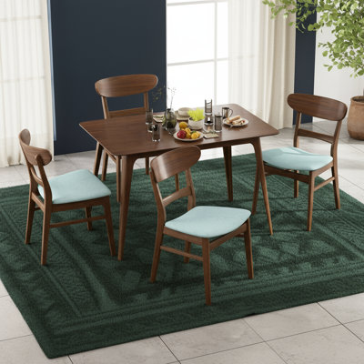 Mid-Century Modern 5-Piece Dining Set, Rubberwood Frame, 1 Table, 4 Upholstered Chairs, Walnut + Mint Green