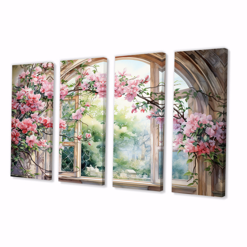 «Pink Blossoming Country Window Gaze IV», art mural 4 pièces pour salon, H 32 po x l 64 po