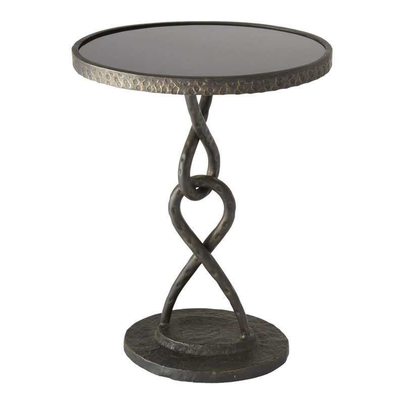 Round Black Granite and Gold Metal Side Table