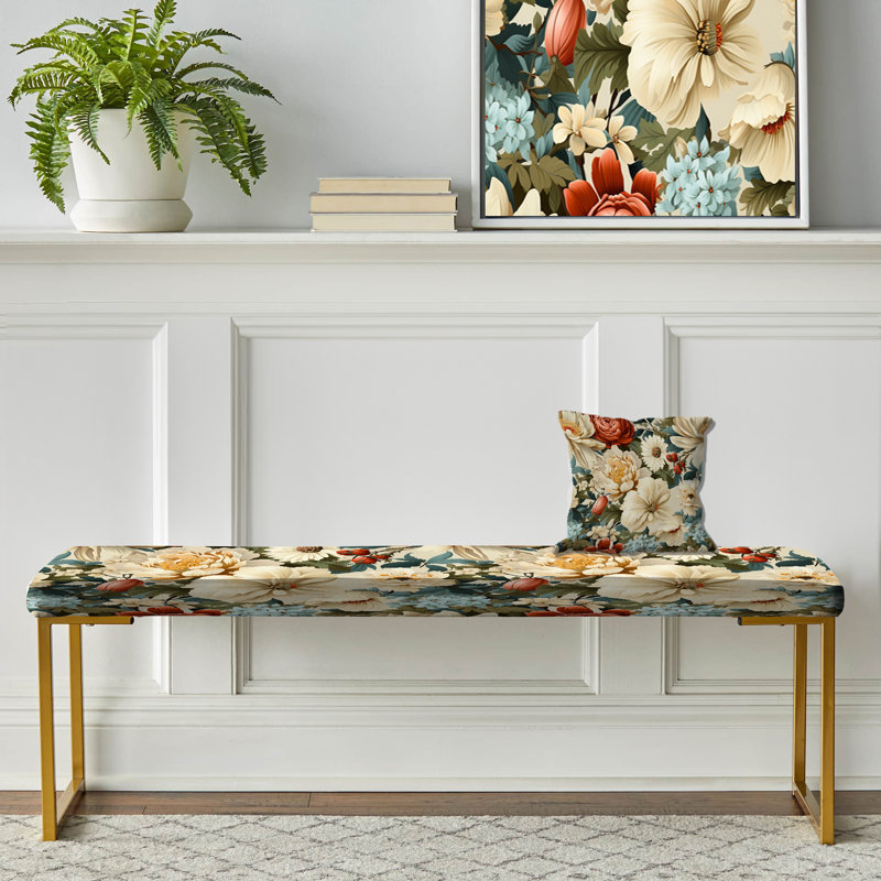 Banc floral rembourré or, Symphonie de jardin floral beige rétro