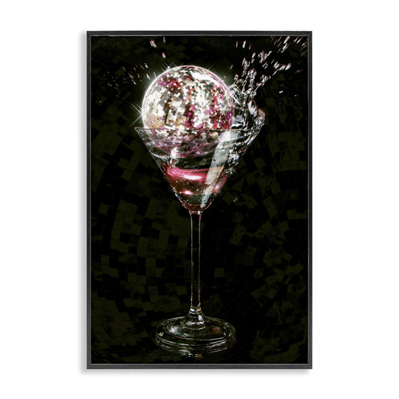 Art giclée disco et cocktail Splash par Ziwei Li, H 18 po x l 12 po, Giclée encadrée noir minuit