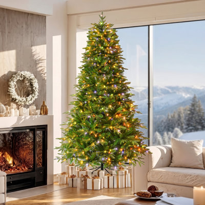 Arbre de Noël 7,5 pi avec flocage en métal robuste de qualité supérieure, extrémités résistantes au feu, blanc chaud et modes de lumière DEL colorés pour un décor des Fêtes