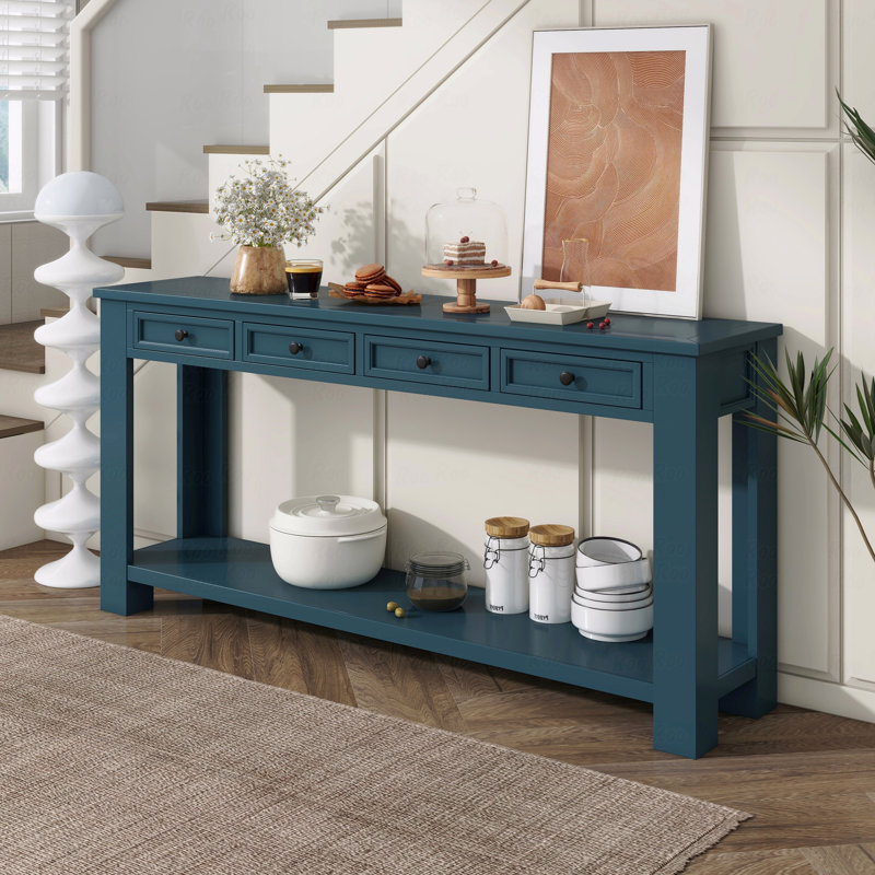 Console de 63 po avec tiroirs de rangement et tablette inférieure, Bleu