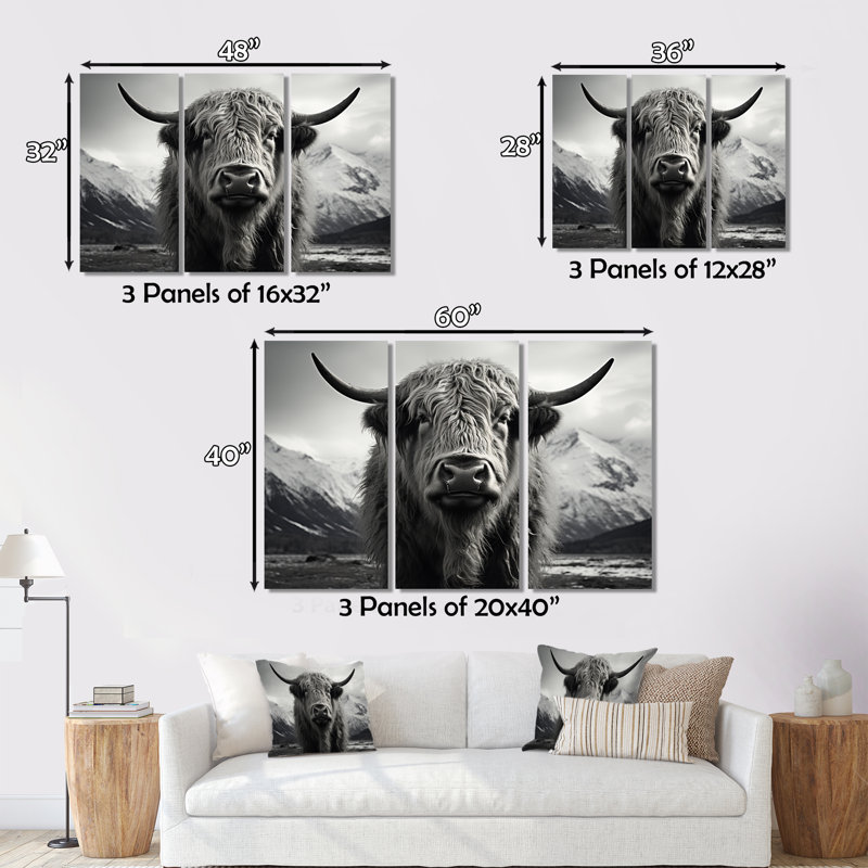 Portrait de yaks noir et blanc IV sur toile, 3 pièces, H 28 po x l 36 po x P 1 po