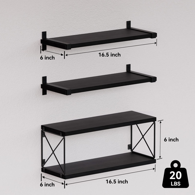 3 Piece Pine Floating Shelf, Black