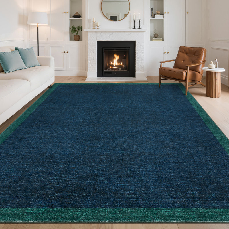 Bordered Machine Washable Rug with Rubber Backing Non Slip Soft Non Shedding Low Pile Thin Foldable Indoor Carpet, Teal