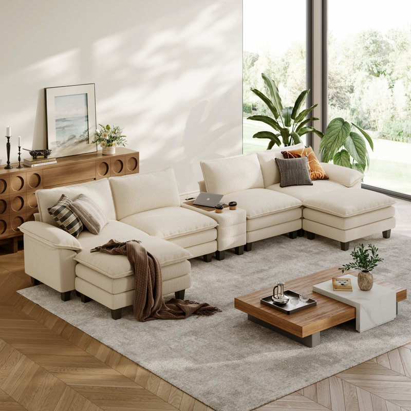 Colbey 172" Upholstered U-shape Modular Cloud Corner Sectional with Storage Console Table & 2 Ottomans, Beige Corduroy