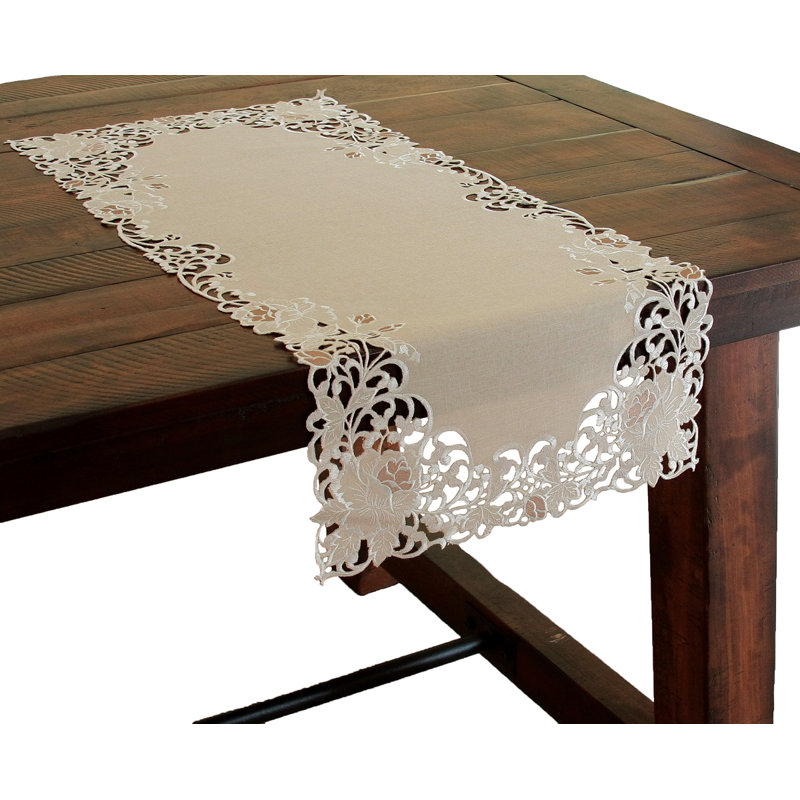 Scrolling Rose Embroidered Cutwork Table Runner, 34" W x 16" L