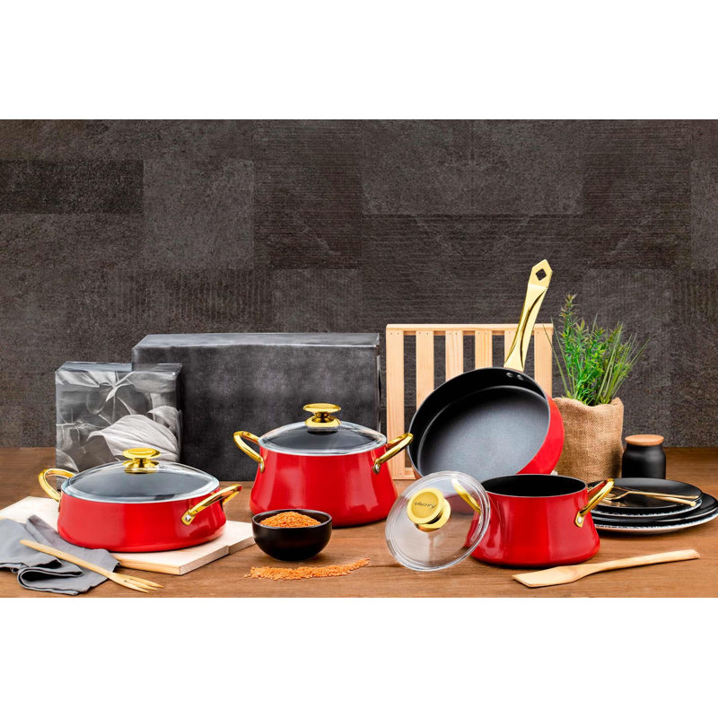 Aubrelle 7 - Piece Non-Stick Aluminum Cookware Set, Cream Gold