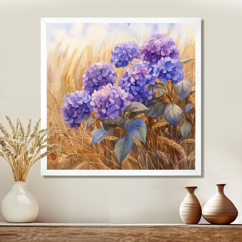 Hortensias dans le champ de blé - art mural sur toile Hydrangea, Reproduction encadrée d'une seule photo, H 16 po x l 16 po