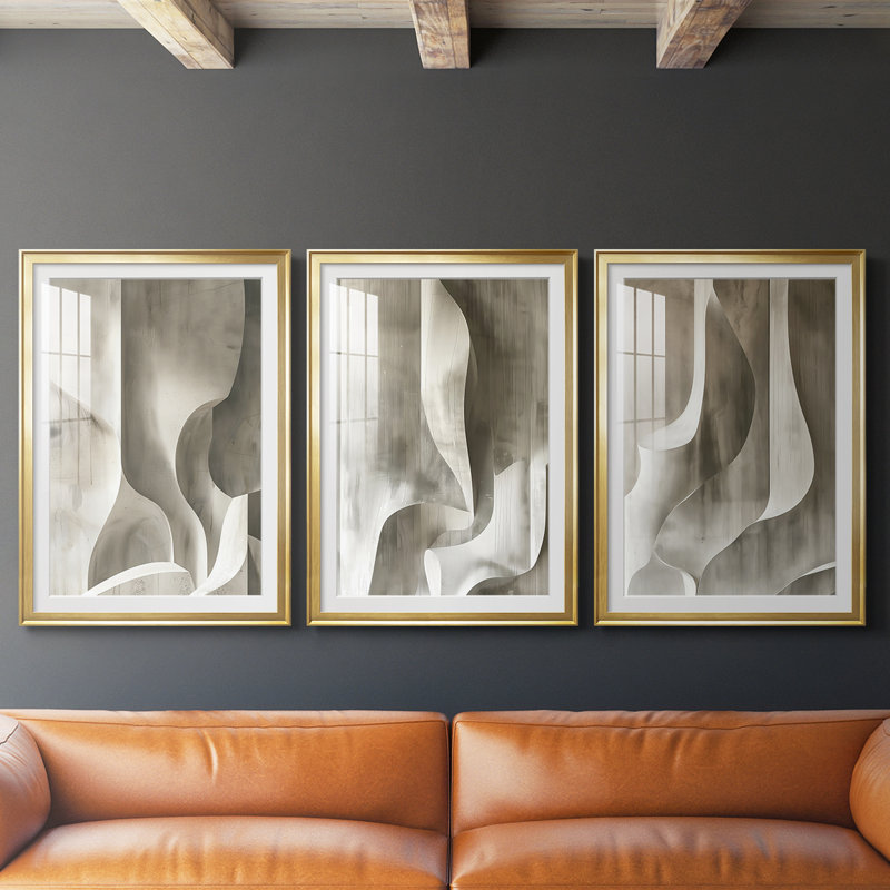 ABSTRACT Series CDLXIX - Impression sur mesure encadrée de qualité supérieure - 3 pièces, H 27 po x l 57 po, Doré