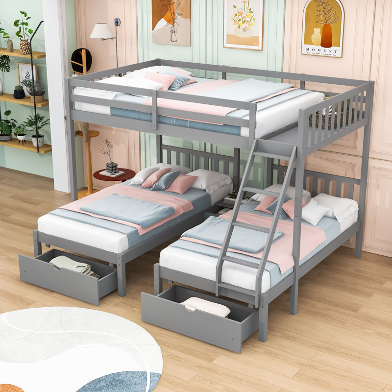 Lit superposé triple à 3 tiroirs en bois avec lit simple et simple, bureau, garde-corps et échelle, gris