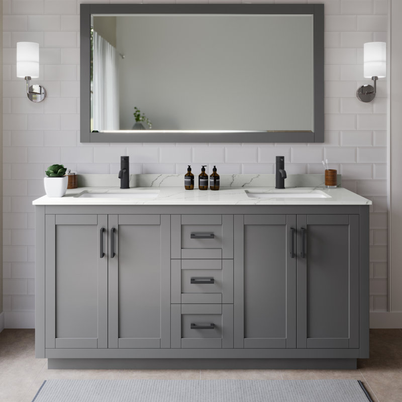 Miranda 66" Freestanding Double Bathroom Vanity with Quartz Top, Giotto Quartz, Dark Gray, Matte Black