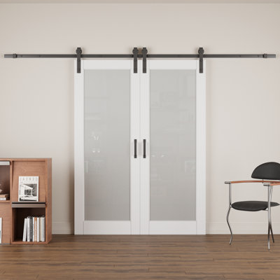 Frosted Glass and Manufactured Wood White Double Sliding Barn Door with Installation Hardware Kit(No Assembly Required)