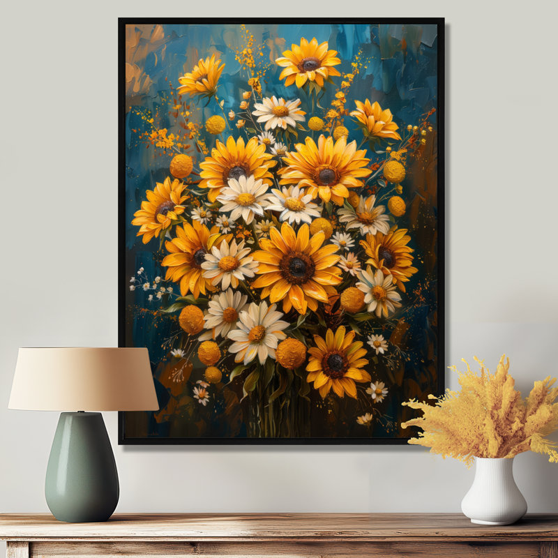 Bouquet jaune et blanc de tournesols de joie - salon d'art mural tournesols, Cadre flottant noir, H 12 po x l 20 po