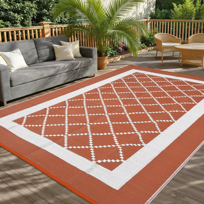 Tapis d'extérieur 10 pi x 14 pi, motif géométrique réversible, tissage de paille en plastique imperméable, pliable et facile à entretenir, pour le patio, la terrasse, le balcon ou le camping-car
