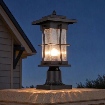 Dusk to Dawn Outdoor Post Light with Pier Mount Adapter, Waterproof Black Pole Lantern with Seeded Glass
