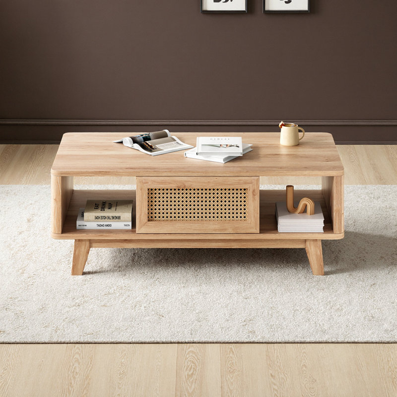 Table basse de rangement Mid-Century avec tiroir en rotin, Naturel