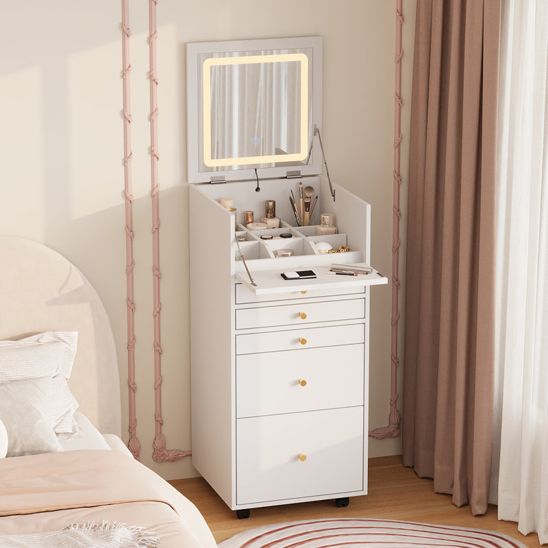 Compact Mobile Dressing Table with Flip-top LED Mirror & 2 Drawers - White Vanity Desk