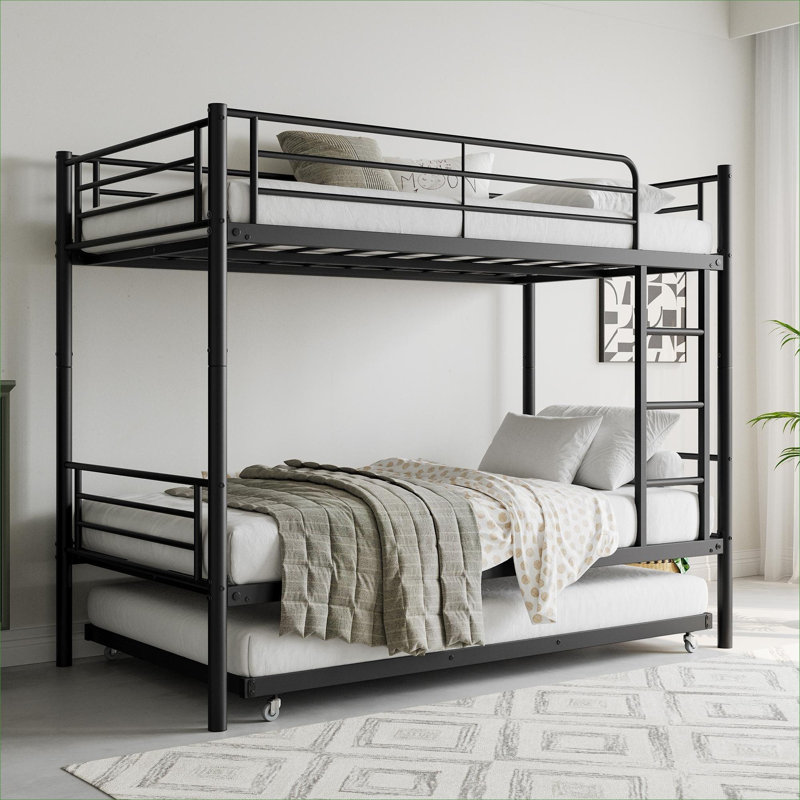 Metal Twin Bunk Bed with Pull-Out Trundle Sleeper, Matte Black with Ladder and Full-Length Guardrail