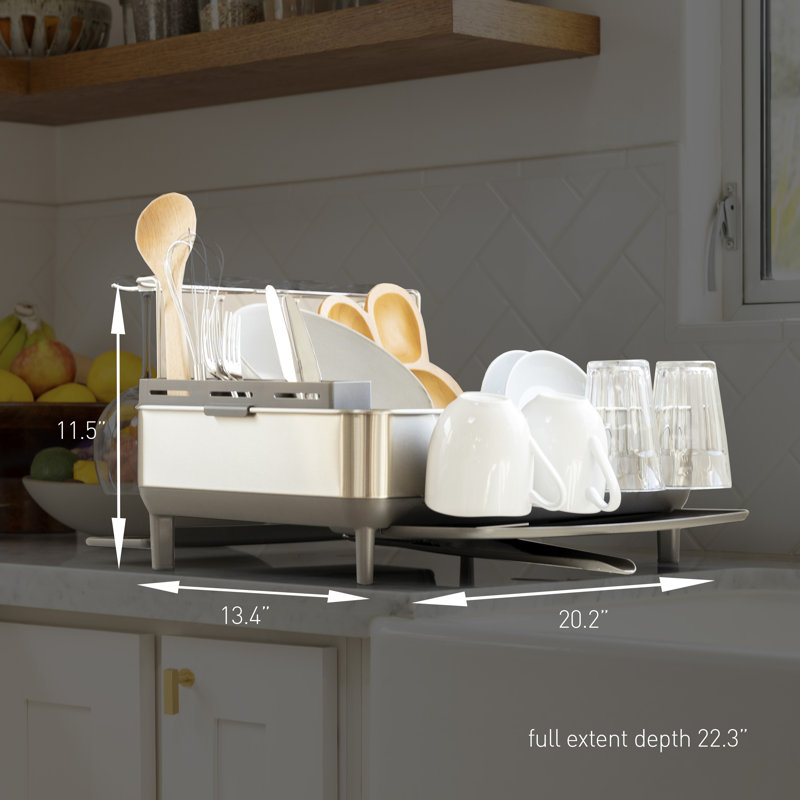 simplehuman Kitchen Dish Drying Rack with Swivel Spout, Fingerprint-Proof Stainless Steel Frame, Brushed