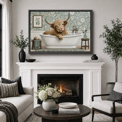 Highland Cow In Vintage Bathtub With Green Floral Wallpaper Artwork, Bathroom Pictures, Framed Canvas Giclee Print Wall Art