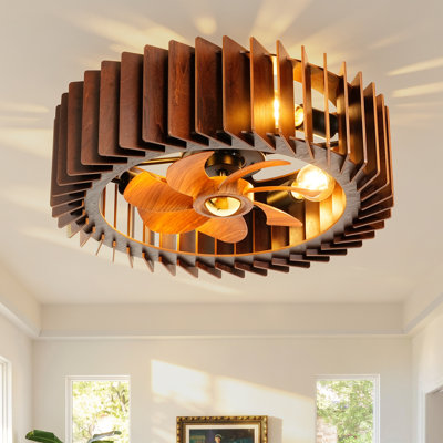 Ventilateur de plafond cage style milieu du siècle avec éclairage, 50 cm (20 pouces), aspect bois, montage encastré, 6 vitesses, réversible, télécommande, éclairage et minuterie, douille E26, profil bas, aspect bois, idéal pour chambre ou chambre d'amis.