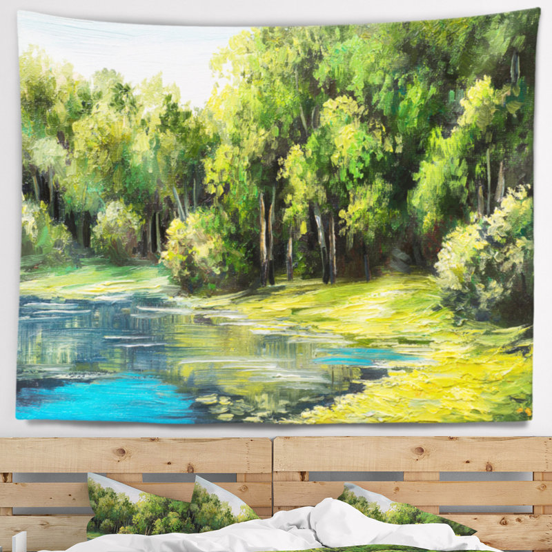 Lac d'été de paysage dans la tapisserie de forêt, H 78 po x l 92 po