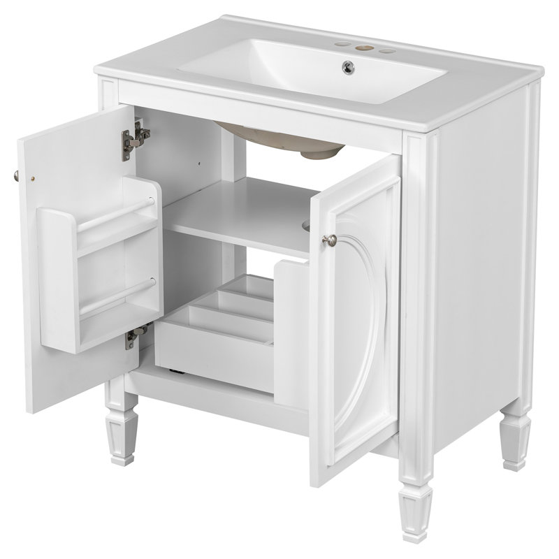 Charmant meuble-lavabo avec rangement abondant et design élégant, Blanc, Argent argent