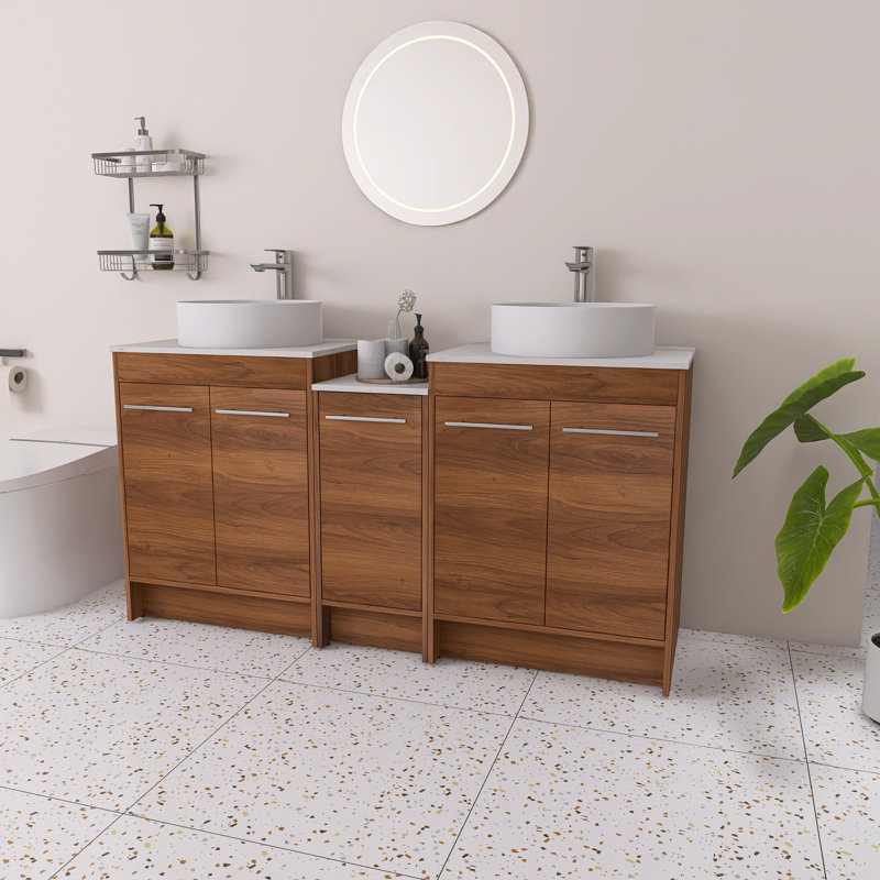 Ensemble de meuble-lavabo double autoportant 60 po avec plateau en céramique Bulmere, Tambour