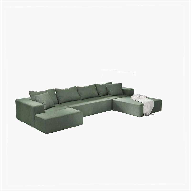 Modern Upholstered Boneless Sectional Sofa Couch Set,Modular Shaped Sectional Living Room Sofa Set, Green Chenille